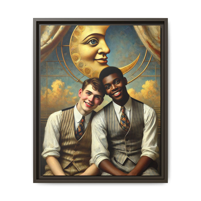 A vintage-style artwork showing a young interracial gay couple in 1920s attire sitting beneath a golden crescent moon with a serene expression. Their joyful closeness reclaims erased queer history and reflects the beauty of interracial love through a lens of tenderness and celebration.