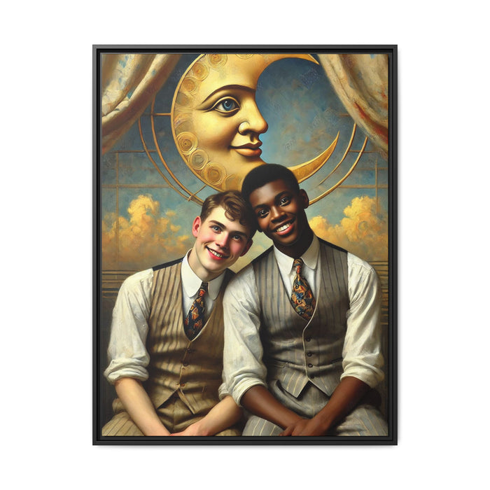 A vintage-style artwork showing a young interracial gay couple in 1920s attire sitting beneath a golden crescent moon with a serene expression. Their joyful closeness reclaims erased queer history and reflects the beauty of interracial love through a lens of tenderness and celebration.