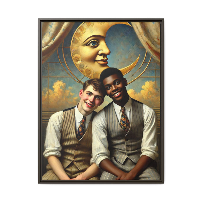 A vintage-style artwork showing a young interracial gay couple in 1920s attire sitting beneath a golden crescent moon with a serene expression. Their joyful closeness reclaims erased queer history and reflects the beauty of interracial love through a lens of tenderness and celebration.