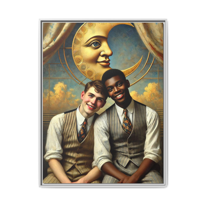 A vintage-style artwork showing a young interracial gay couple in 1920s attire sitting beneath a golden crescent moon with a serene expression. Their joyful closeness reclaims erased queer history and reflects the beauty of interracial love through a lens of tenderness and celebration.