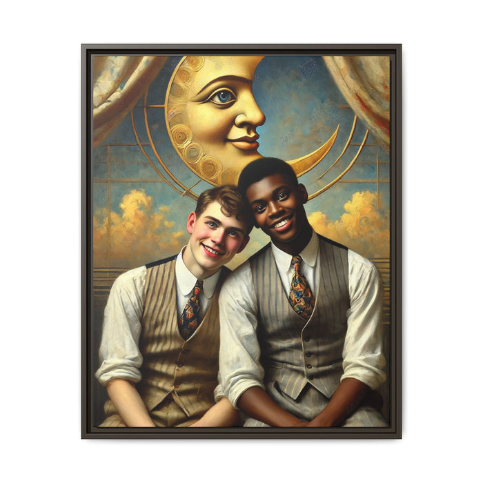A vintage-style artwork showing a young interracial gay couple in 1920s attire sitting beneath a golden crescent moon with a serene expression. Their joyful closeness reclaims erased queer history and reflects the beauty of interracial love through a lens of tenderness and celebration.