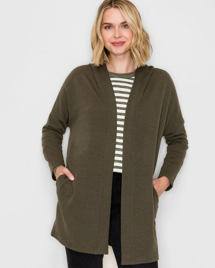 Olive $|& Staccato Monaco Ribbed Duster Hoodie Cardigan - VOF Detail