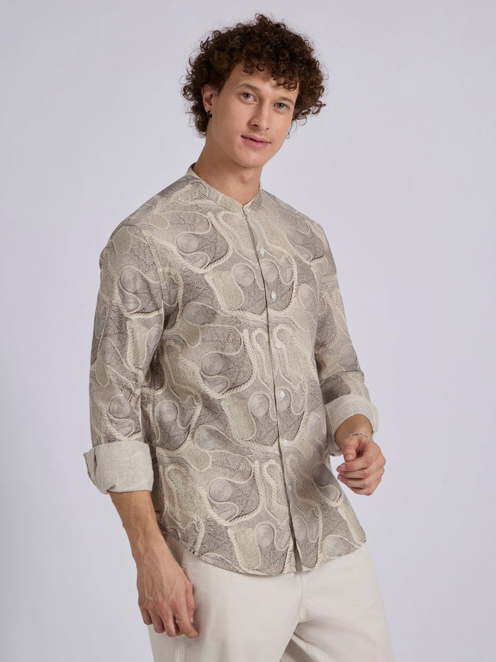 men's Band Collar Printed Shirt - beige