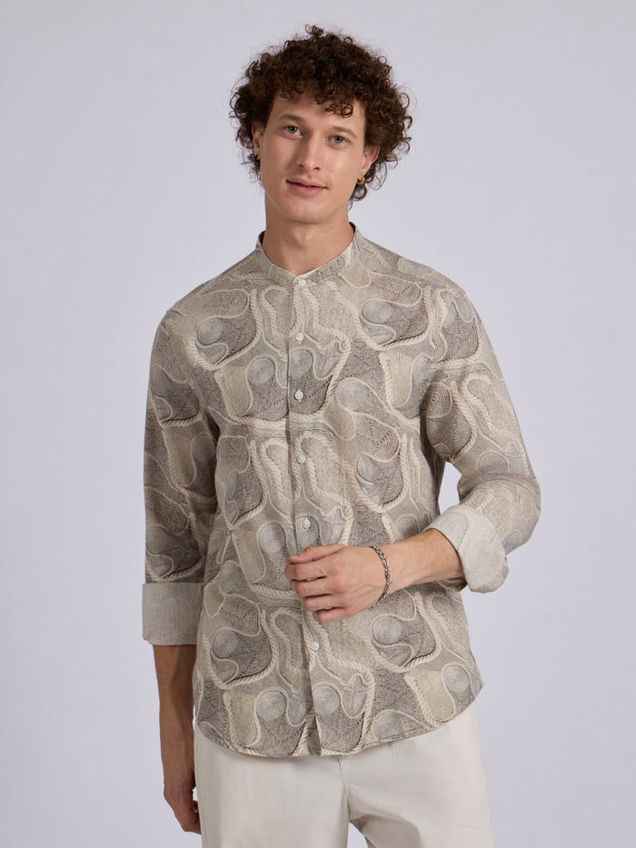 men's Band Collar Printed Shirt - beige