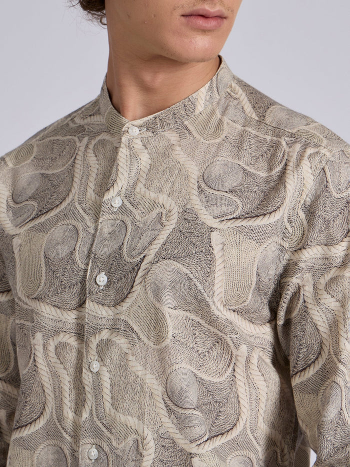 men's Band Collar Printed Shirt - beige