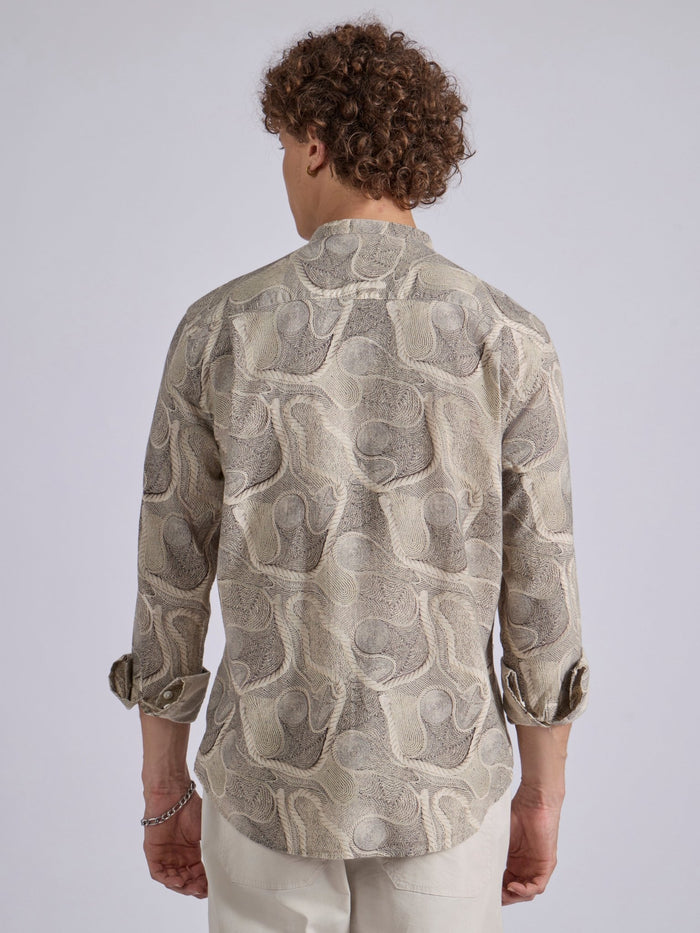 men's Band Collar Printed Shirt - beige