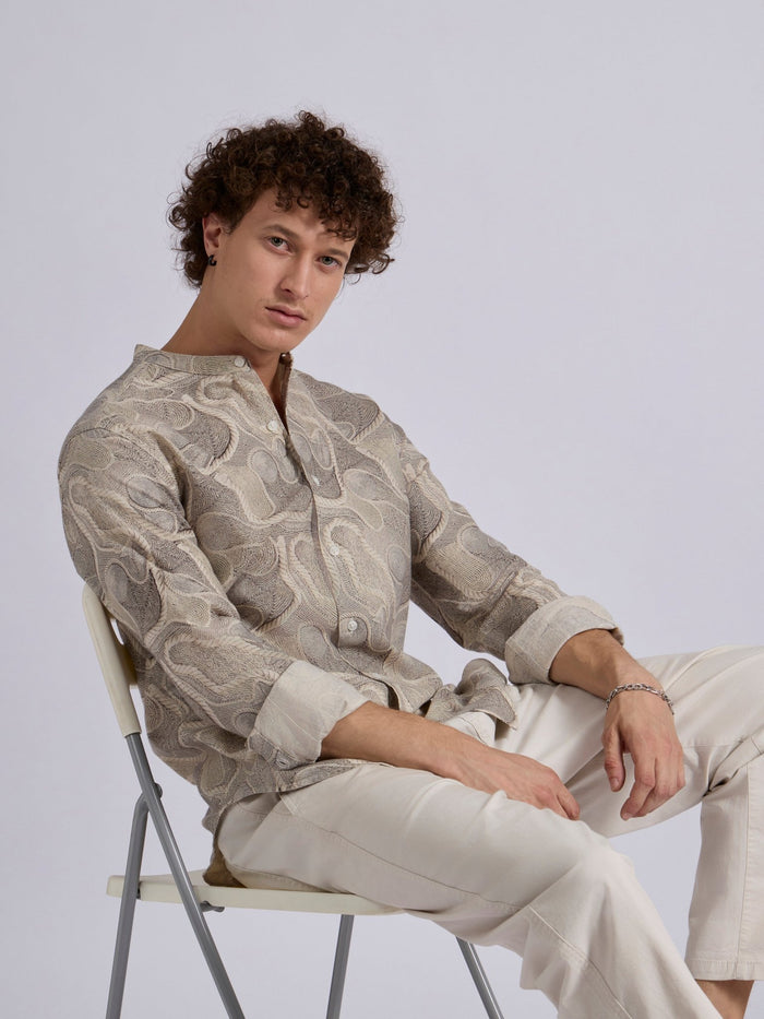 men's Band Collar Printed Shirt - beige
