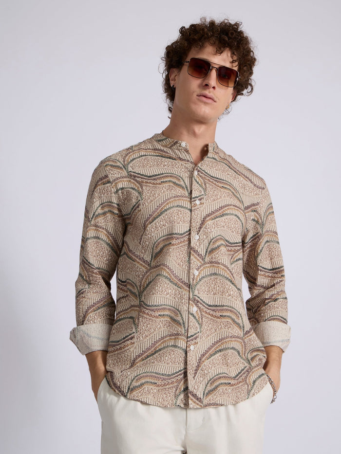 men's Band Collar Printed Shirt - Forest Green