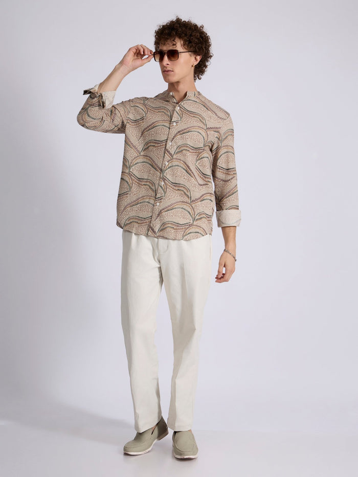 men's Band Collar Printed Shirt - Forest Green