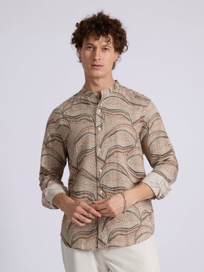 men's Band Collar Printed Shirt - Forest Green
