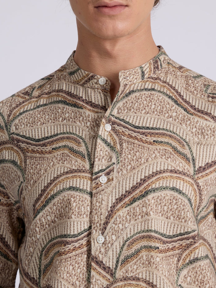 Moritz - Band Collar Printed Shirt - Forest Green