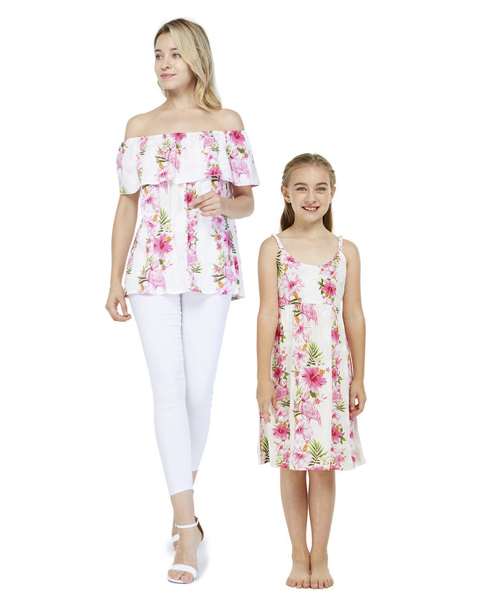 Mother Daughter Hawi Set in Pink Hibiscus Vine White
