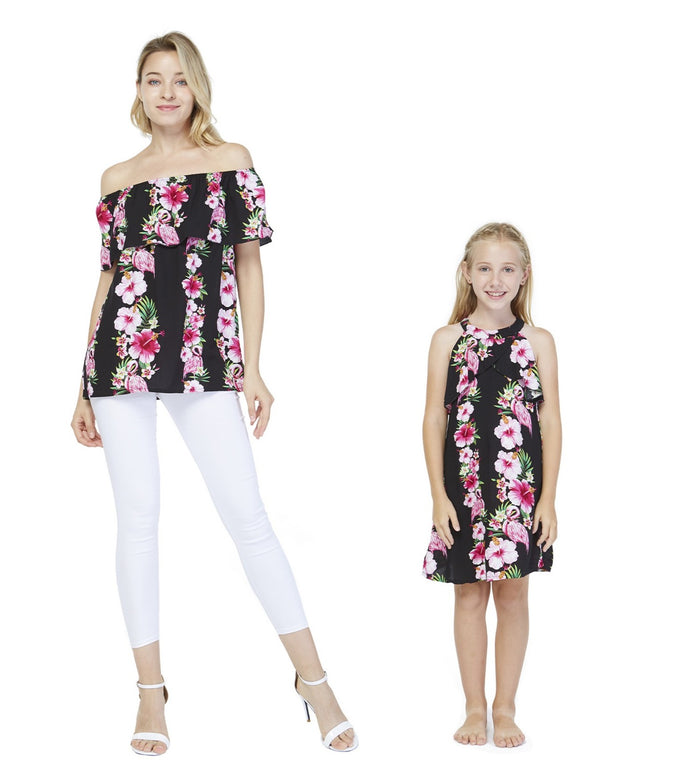 Mother Daughter Keaau Set in Pink Black Hibiscusc Vine