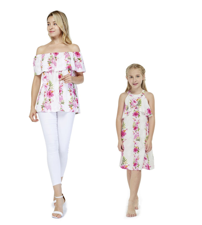 Mother Daughter Keaau Set in Pink Hibiscus Vine White
