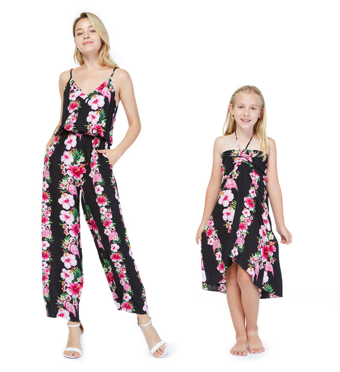 Mother Daughter Papaikou Set in Pink Black Hibiscus Vine
