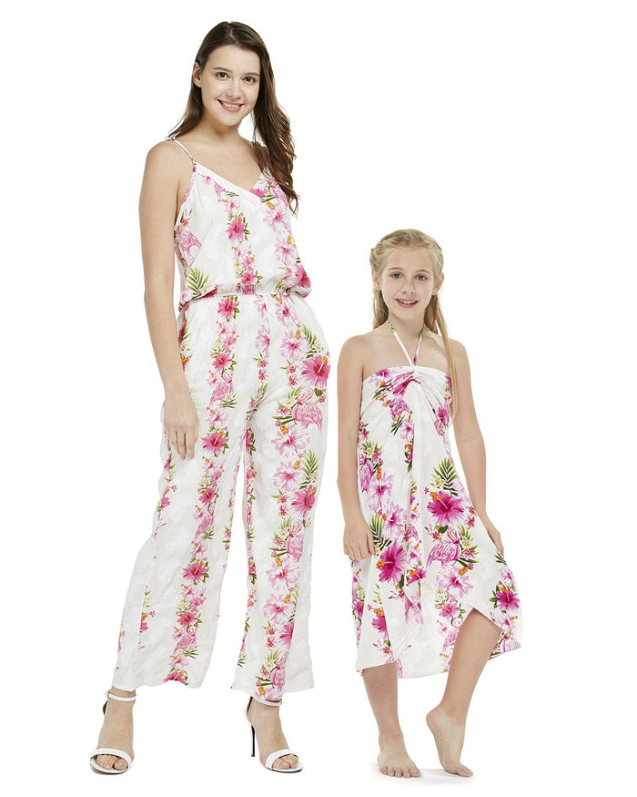 Mother Daughter Papaikou Set in Pink Hibiscus Vine White