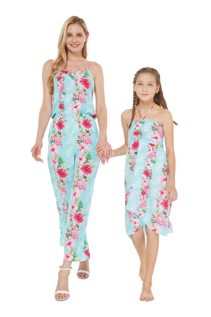 Mother Daughter Papaikou Set in Pink Turquoise Hibiscus Vine