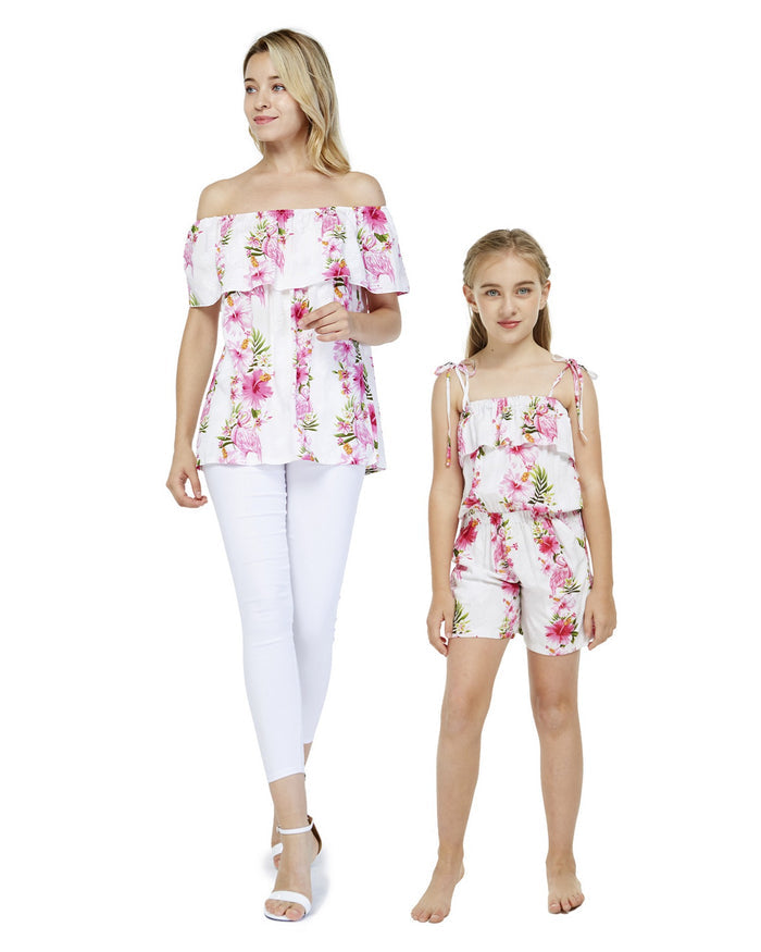 Mother Daughter Punaluu Set in Pink Hibiscus Vine White