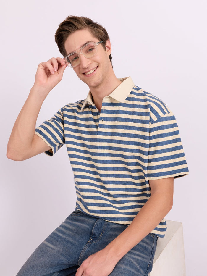 Neliis-1 - Textured Stripe Polo T-Shirt – Blue