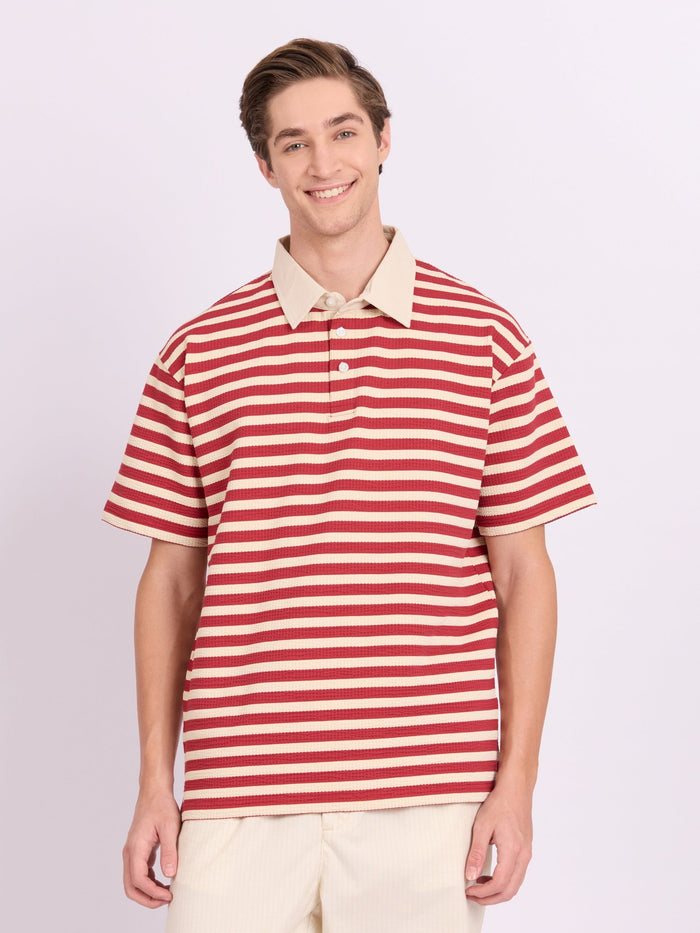 Neliis-1 - Textured Stripe Polo T-Shirt – Red