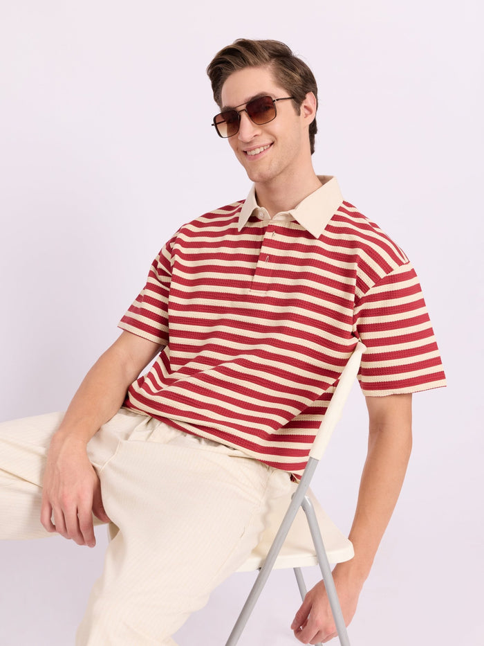 Neliis-1 - Textured Stripe Polo T-Shirt – Red
