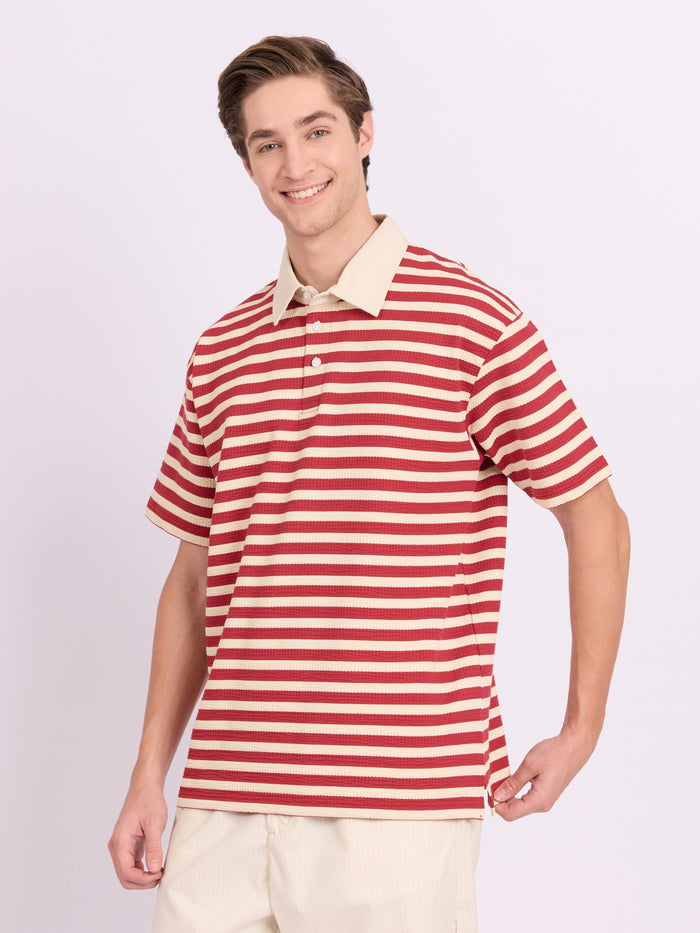 Neliis-1 - Textured Stripe Polo T-Shirt – Red