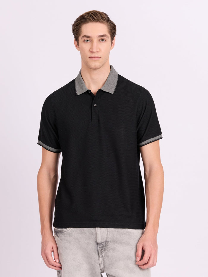 Neliis-2 - Textured Chevron Polo T-Shirt – Black