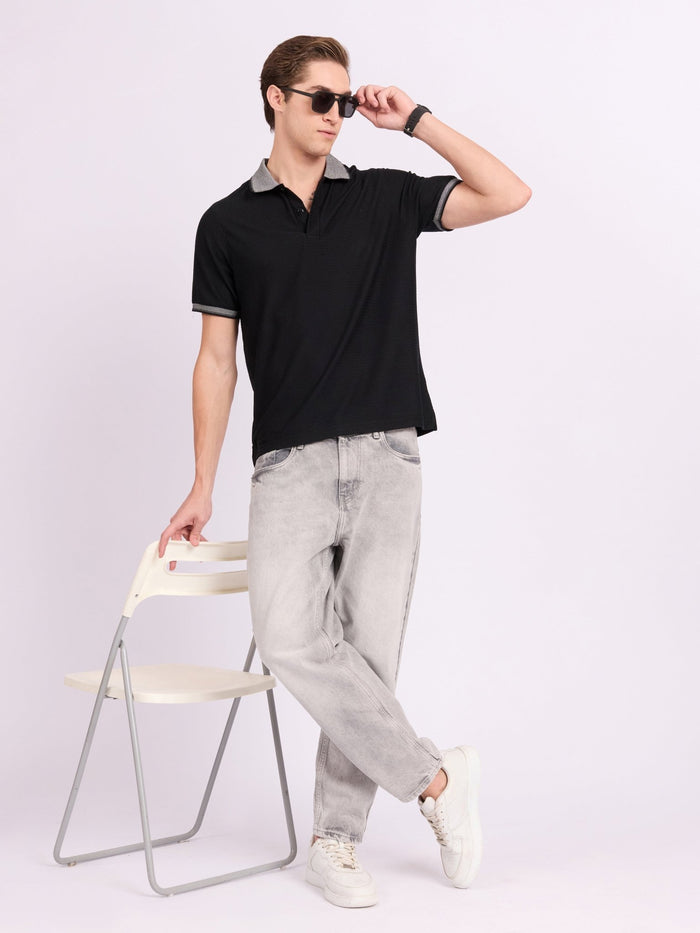 Neliis-2 - Textured Chevron Polo T-Shirt – Black