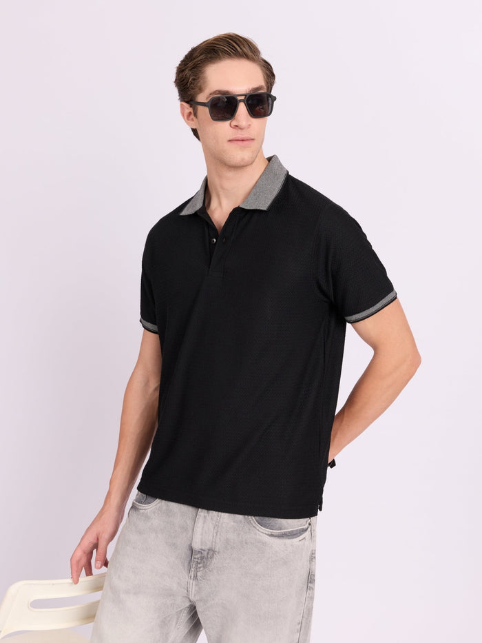Neliis-2 - Textured Chevron Polo T-Shirt – Black