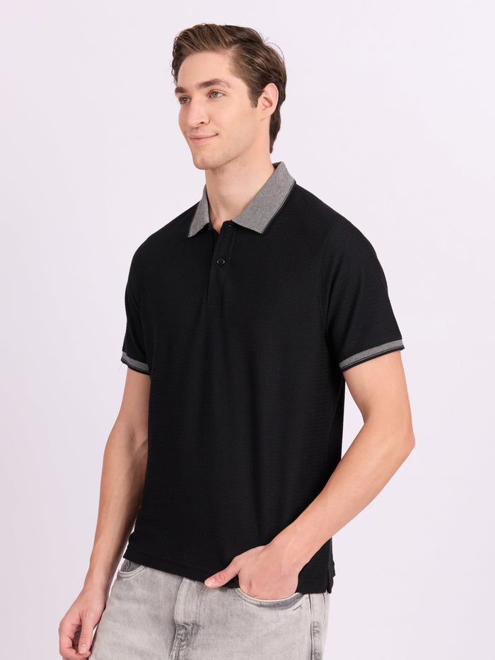 Neliis-2 - Textured Chevron Polo T-Shirt – Black