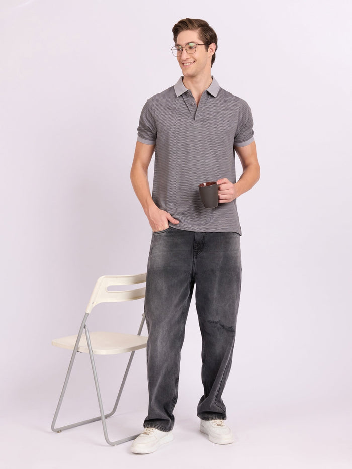 Neliis-2 - Textured Chevron Polo T-Shirt – Grey