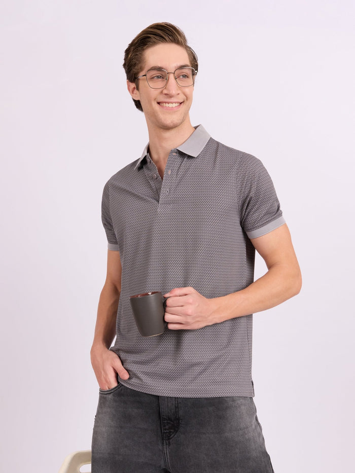 Neliis-2 - Textured Chevron Polo T-Shirt – Grey