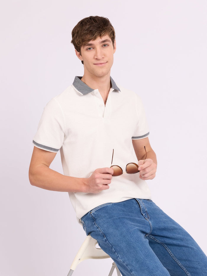 Neliis-2 - Textured Chevron Polo T-Shirt – White