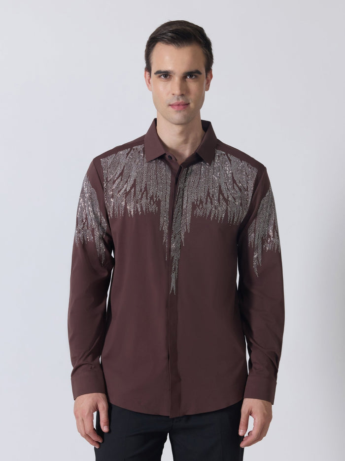 Nemo-3 - Stone Embellished Shirt - Coffee
