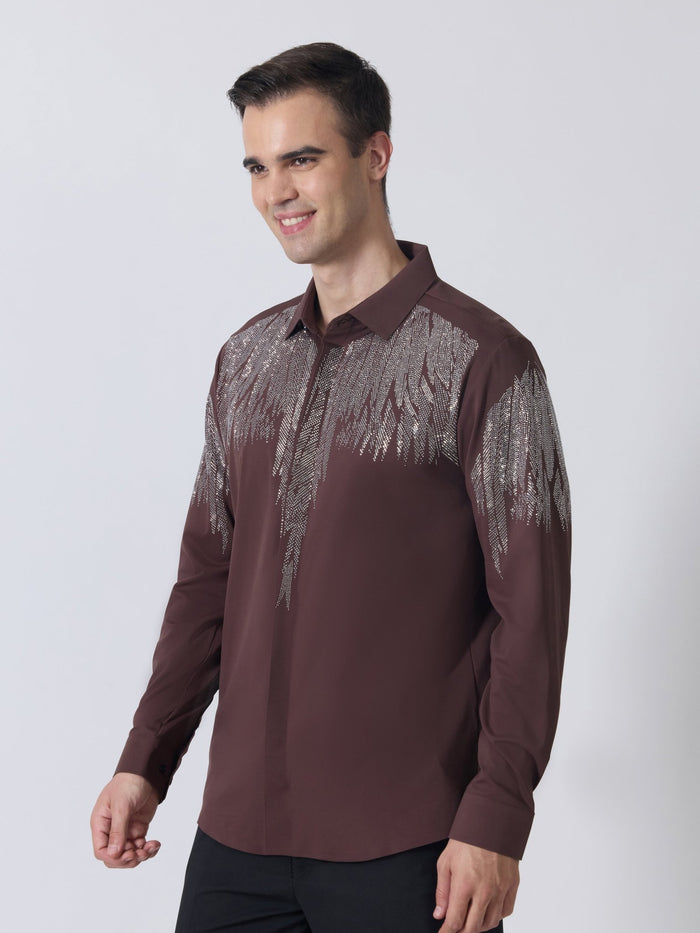 Nemo-3 - Stone Embellished Shirt - Coffee