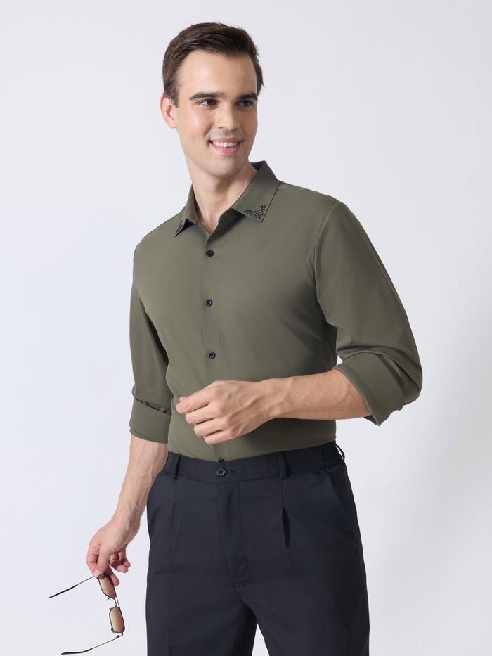 Nemo-6 - Stone Embellished Shirt - Olive Green