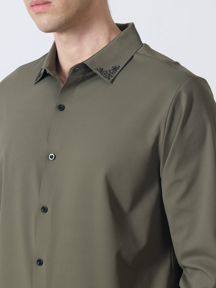 Nemo-6 - Stone Embellished Shirt - Olive Green