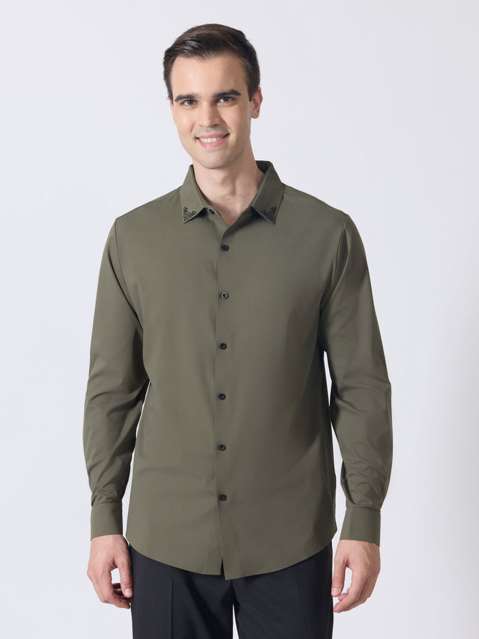 Nemo-6 - Stone Embellished Shirt - Olive Green