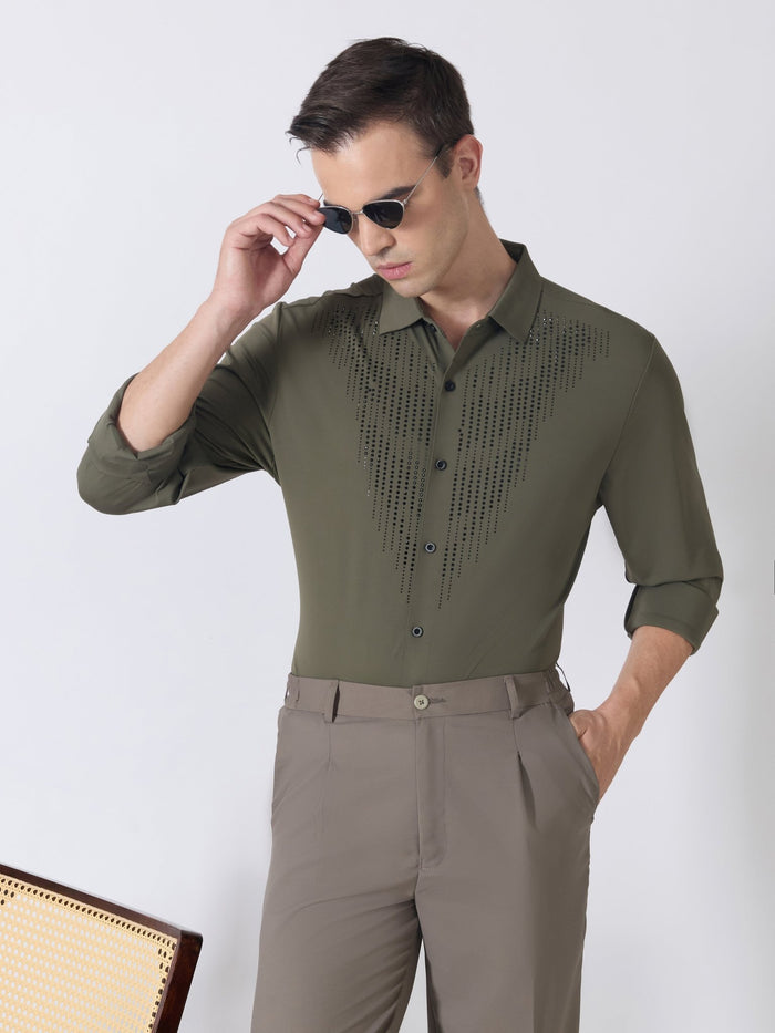Nemo-8 - Stone Embellished Shirt - Olive Green