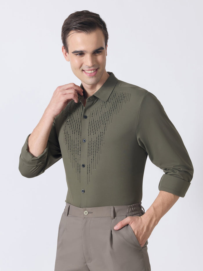 Nemo-8 - Stone Embellished Shirt - Olive Green