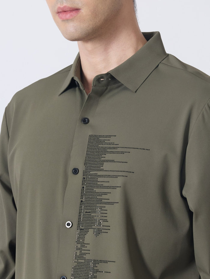 Nemo-9 - Stone Embellished Shirt - Olive Green