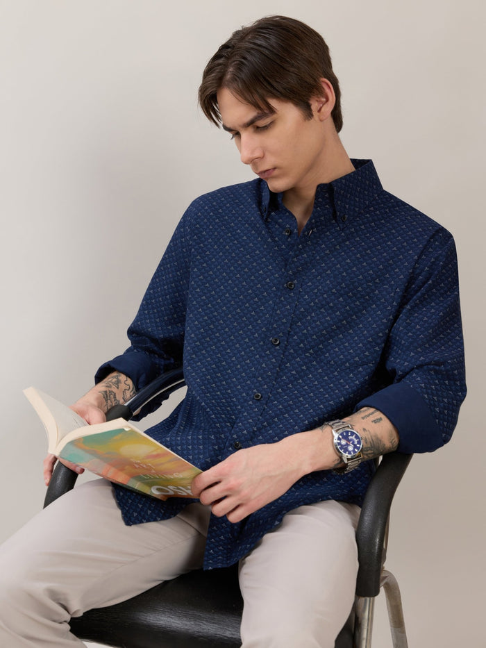 Men's Smart Fit Printed Cotton Shirt - Dark Blue