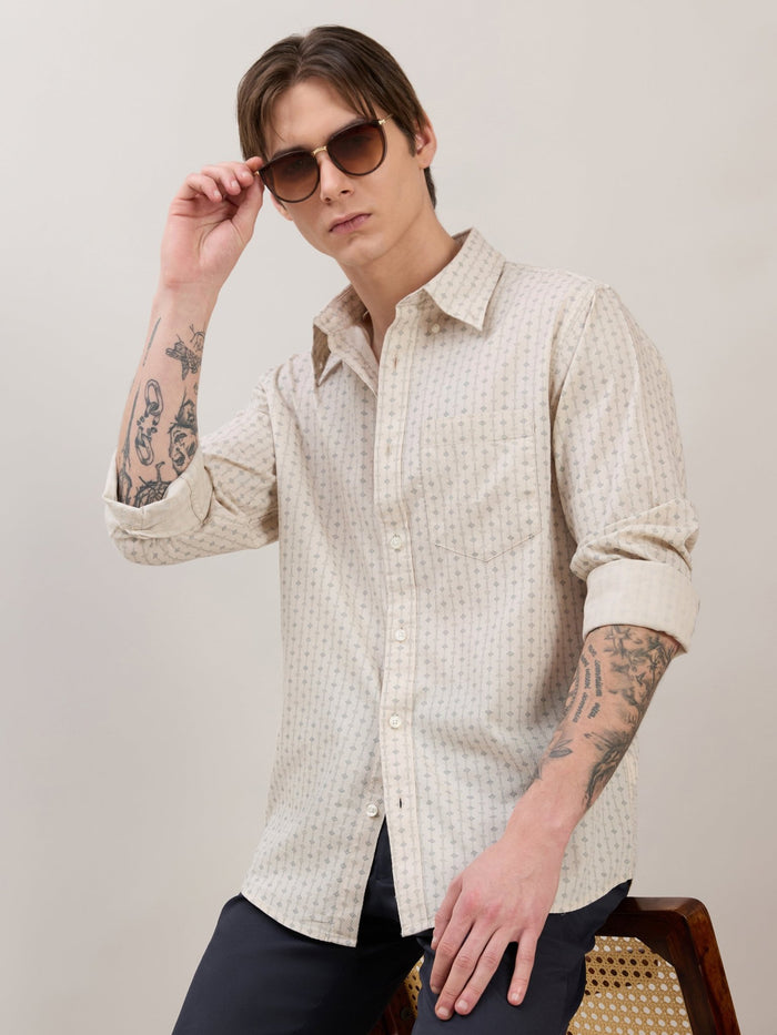 Men's Smart Fit Printed Cotton Shirt - Light Beige