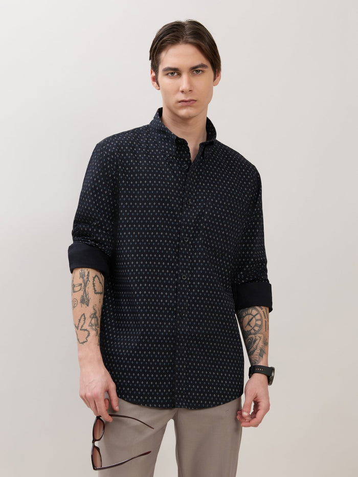 Men's Smart Fit Printed Cotton Shirt - Sable Blac