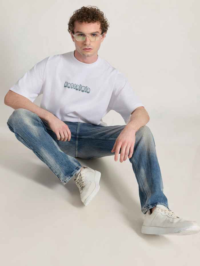 Men's Printed White Baggy T-Shirt