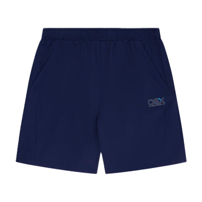 OEX Junior's 3-Piece Co-Ord Set Navy shorts with pockets, elastic waistband, and logo detail.