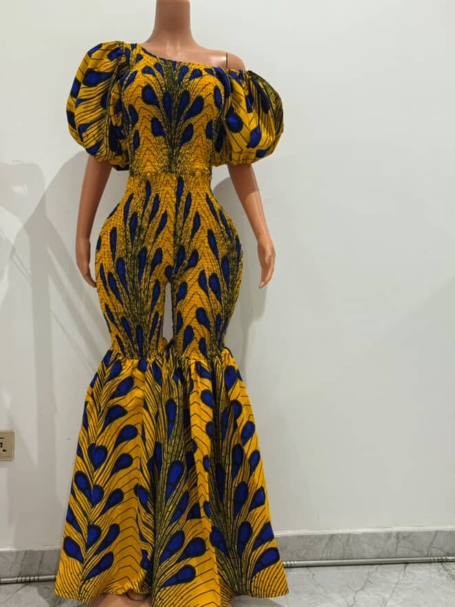 Off Shoulder African Print Stretchy Bell Bottom Jumpsuit.