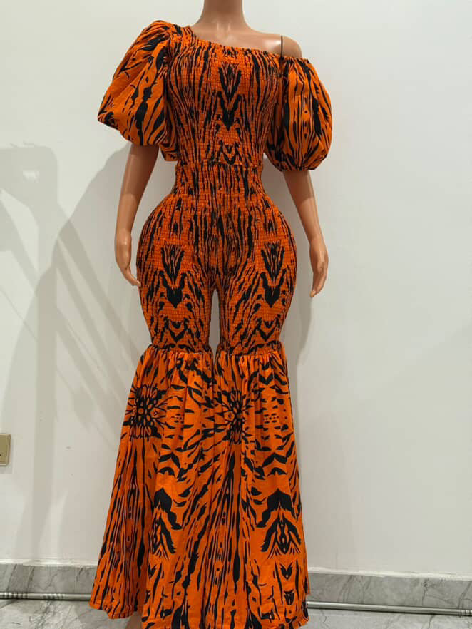 Off Shoulder African Print Stretchy Bell-Bottom Jumpsuit.