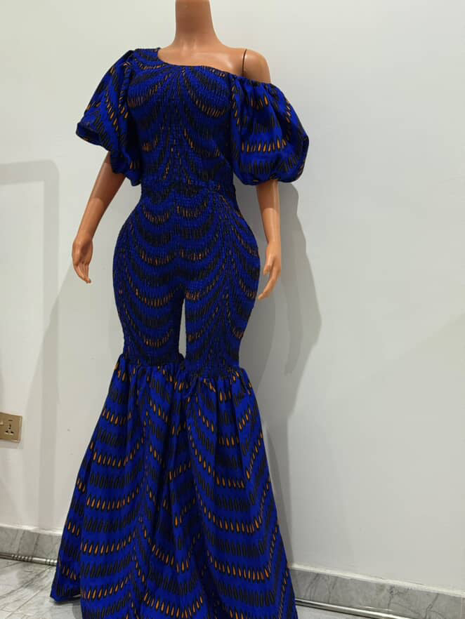 Off Shoulder African Print Stretchy Bell Bottom Jumpsuit.