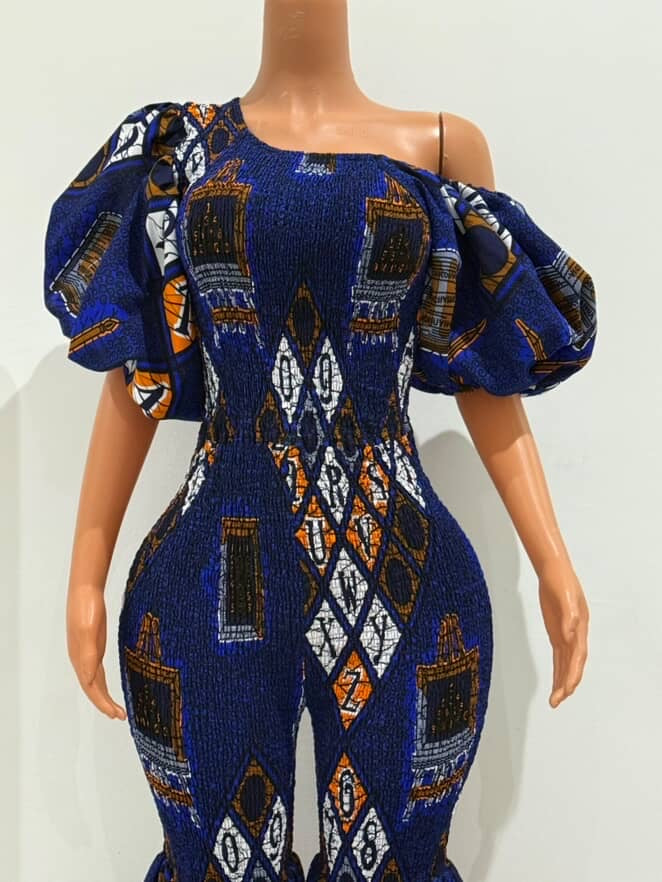 Off Shoulder African Print Stretchy Bell Bottom Jumpsuit.